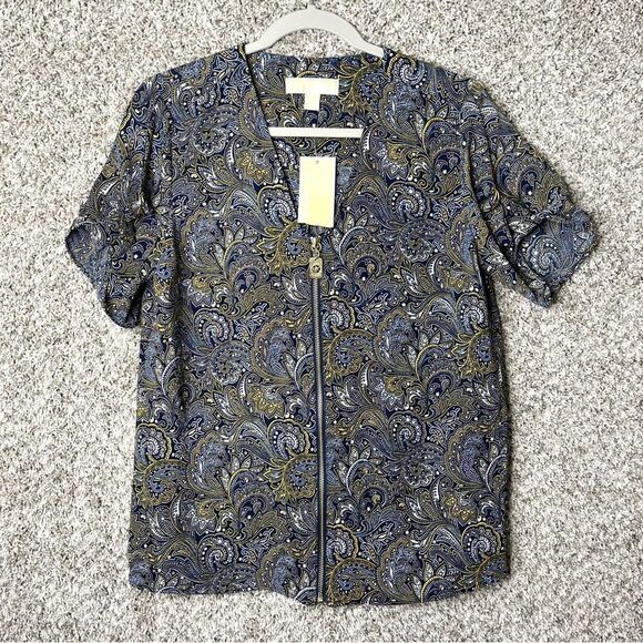 MICHAEL Michael Kors Floral Paisley Print Full Zip Up Short Sleeve Top Small NWT - Picture 1 of 8